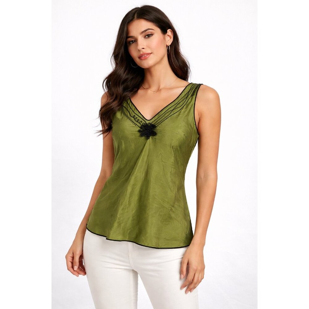 Max Edition by Norstrom 100% Silk Sleeveless Blouse Olive Green Embroidered S